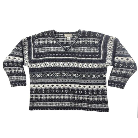 Studio Works Chunky Nordic Sweater Wool Blend 2X Gray Stripe Fair Isle V-Neck - Picture 1 of 8